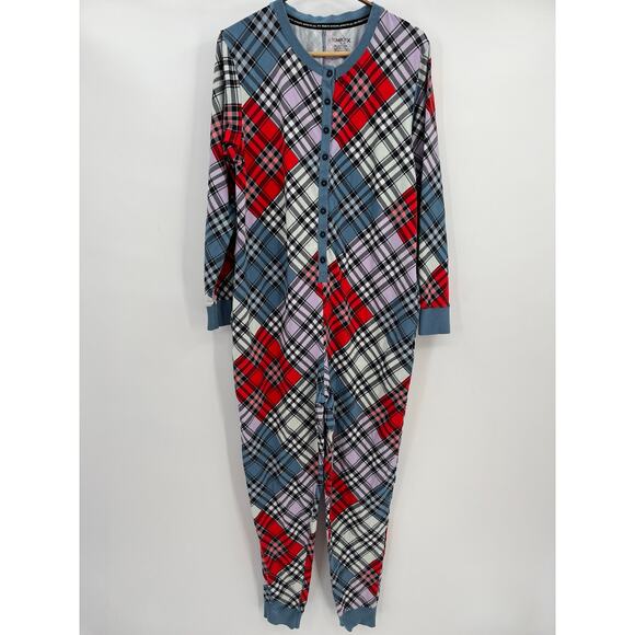 TomboyX One Piece Loungewear Pajamas Sz M Blue Purple Red Plaid